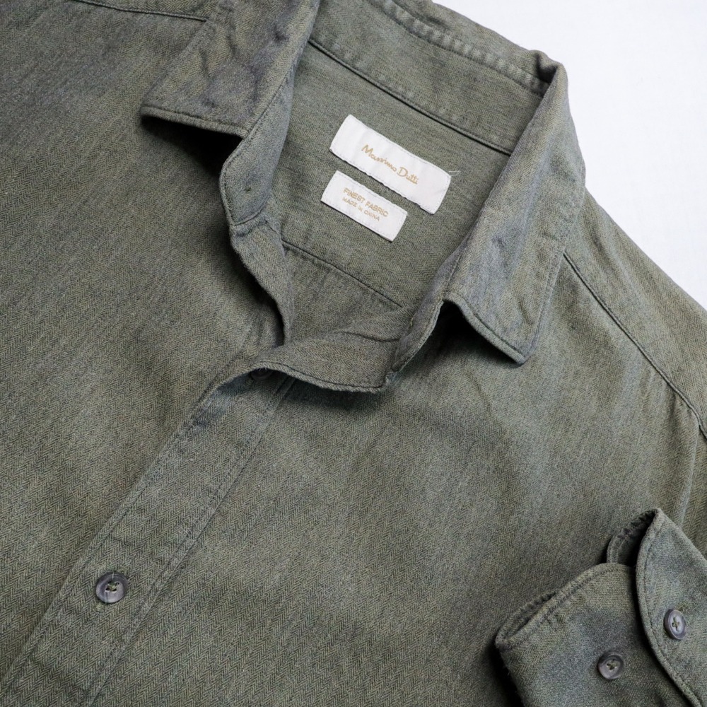 Massimo Dutti Button Down Shirt Mens Medium Olive Green Herringbone Cotton Long - Picture 2 of 13